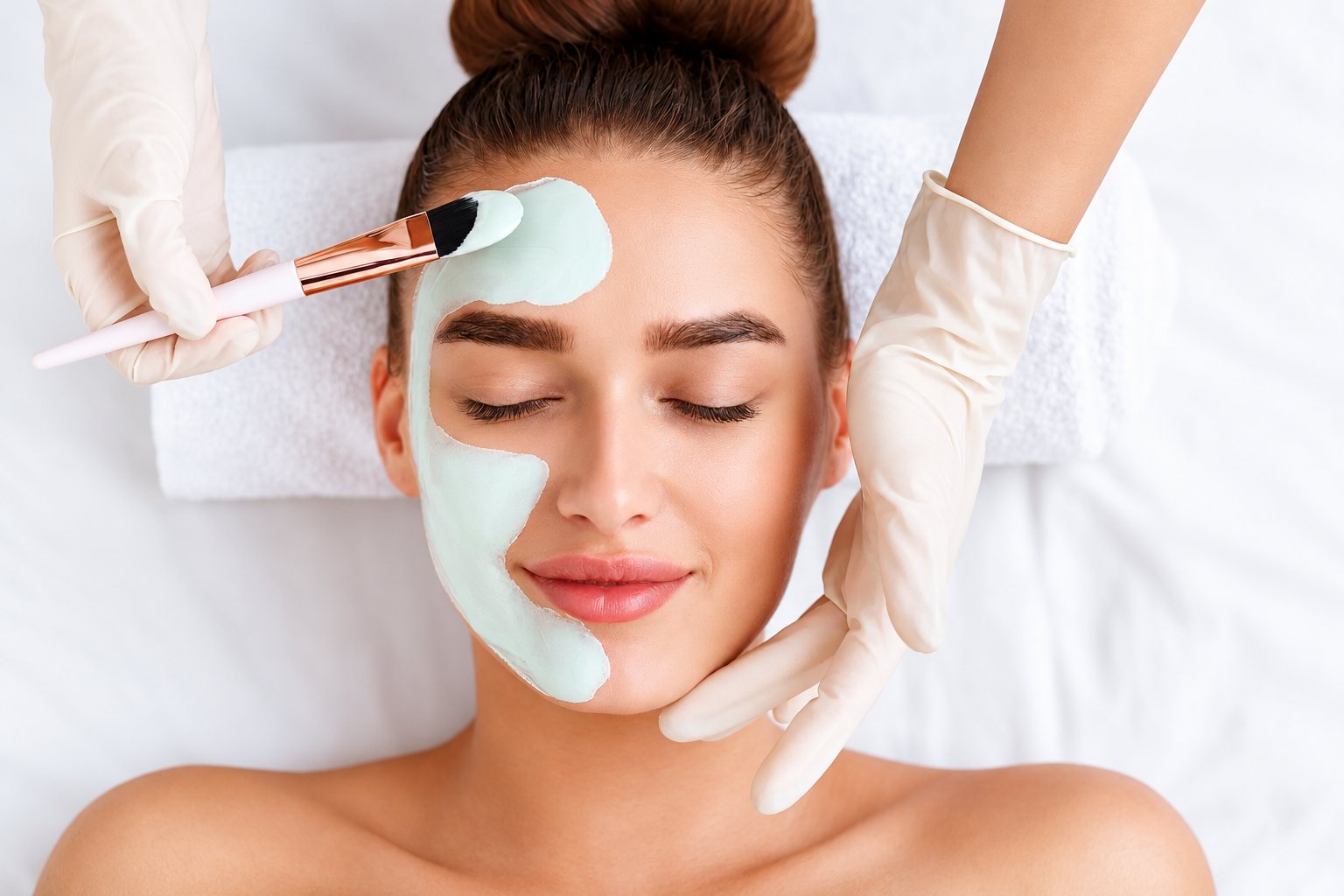Une esthéticienne gantée applique au pinceau un masque vert pâle sur le visage d'une femme allongée, les yeux fermés, sur une serviette blanche.