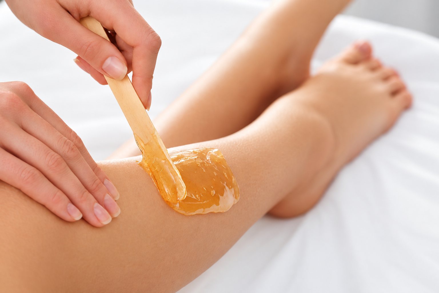 Cire dorée étalée sur une jambe avec une spatule en bois.