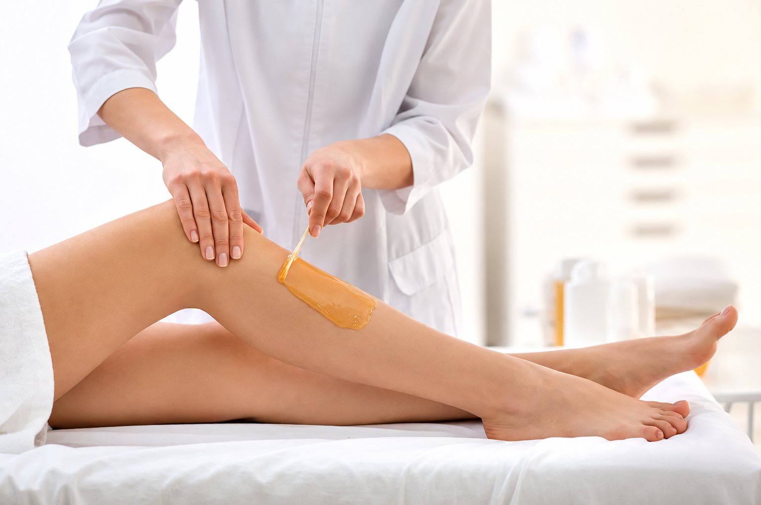 Une esthéticienne en blouse blanche applique de la cire dorée sur la jambe d'une cliente allongée sur une table de soin dans un institut lumineux.
