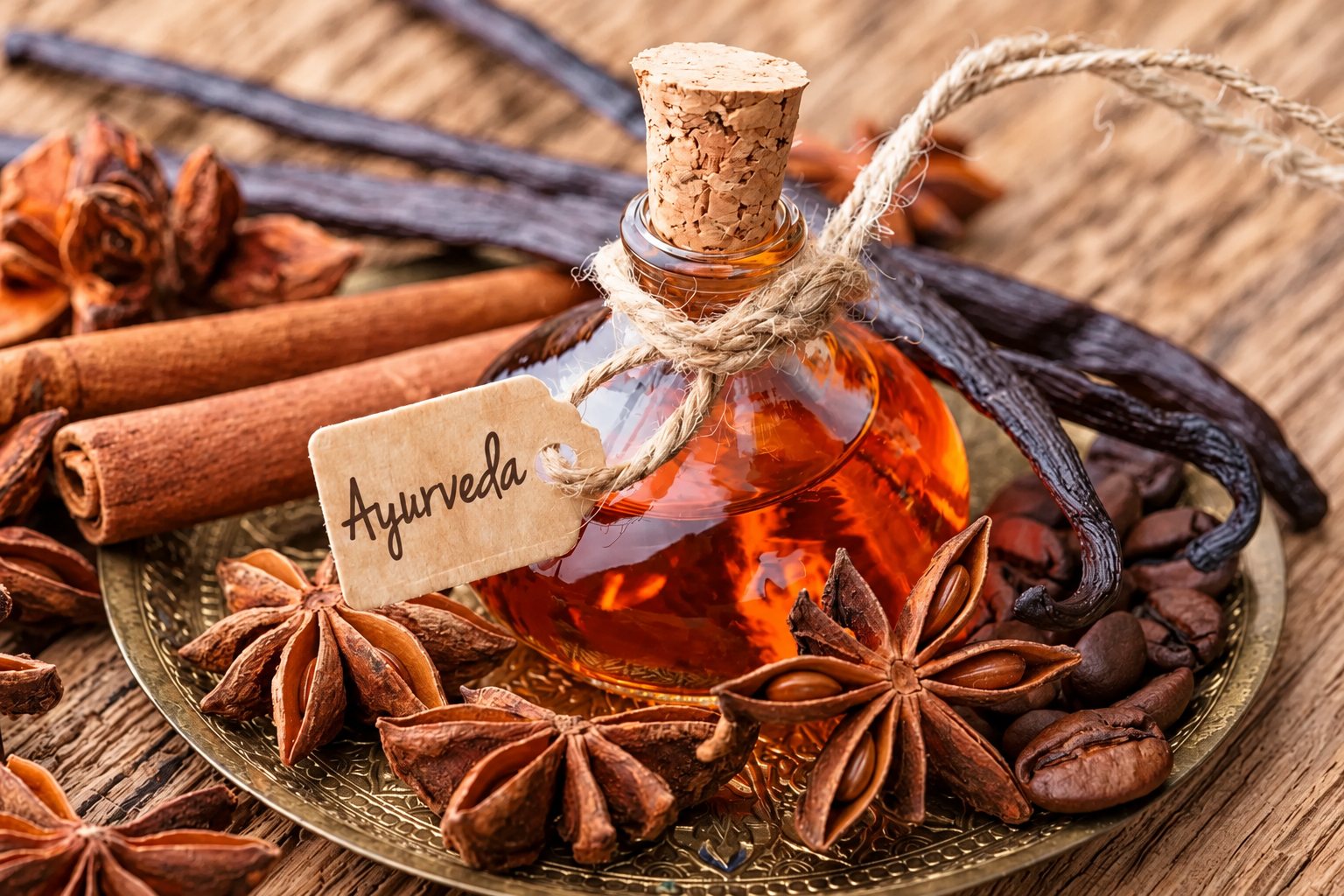 Un flacon en verre bouchonné d'huile ambrée portant une étiquette Ayurveda, posé sur un plateau en laiton avec de la badiane, de la cannelle, de la vanille et des grains de café sur une table en bois.