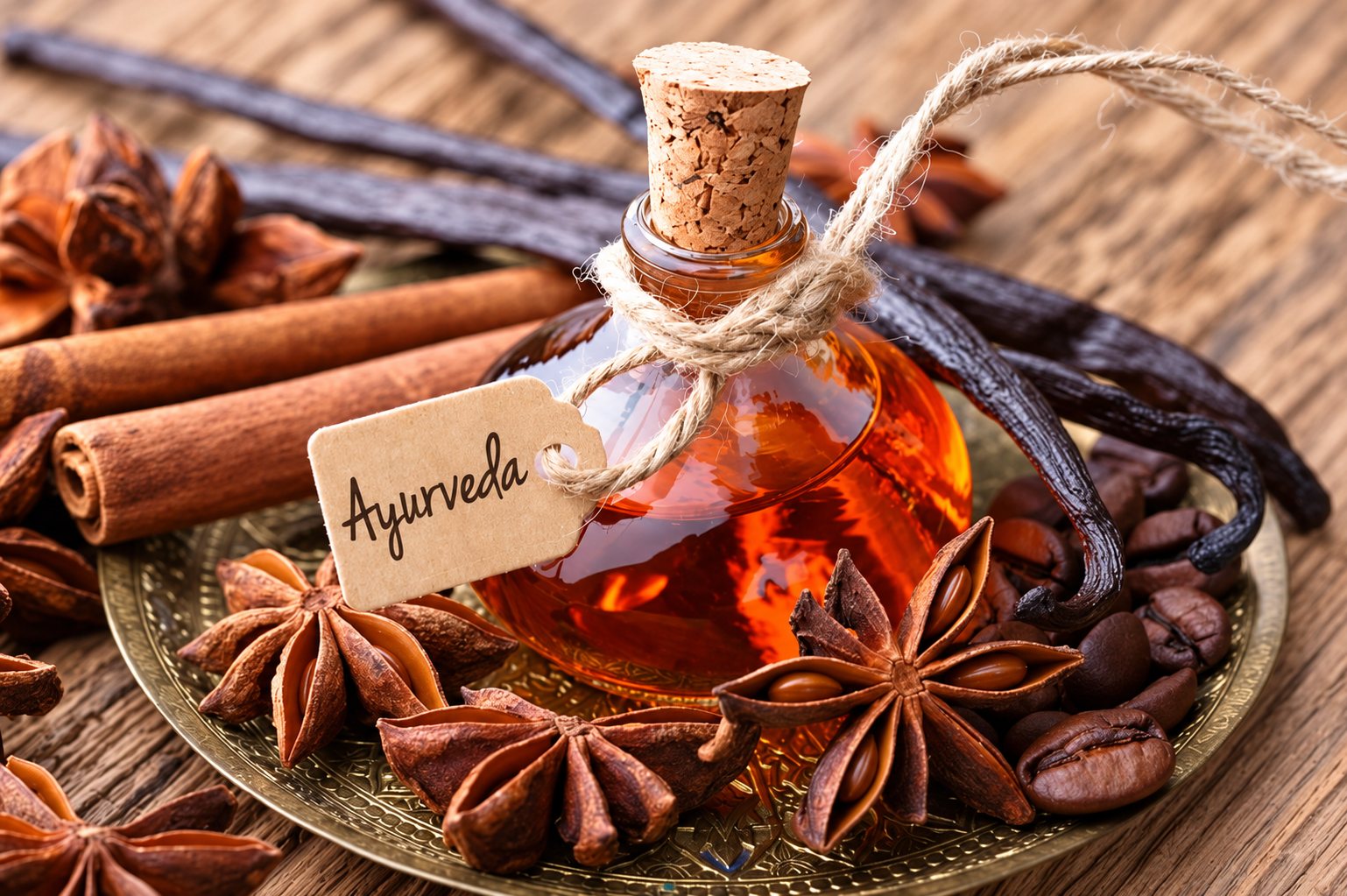 Un flacon en verre bouché de liège, étiqueté Ayurveda, est posé sur un plateau en laiton avec de la badiane, de la cannelle, de la vanille et des grains de café sur une table en bois.