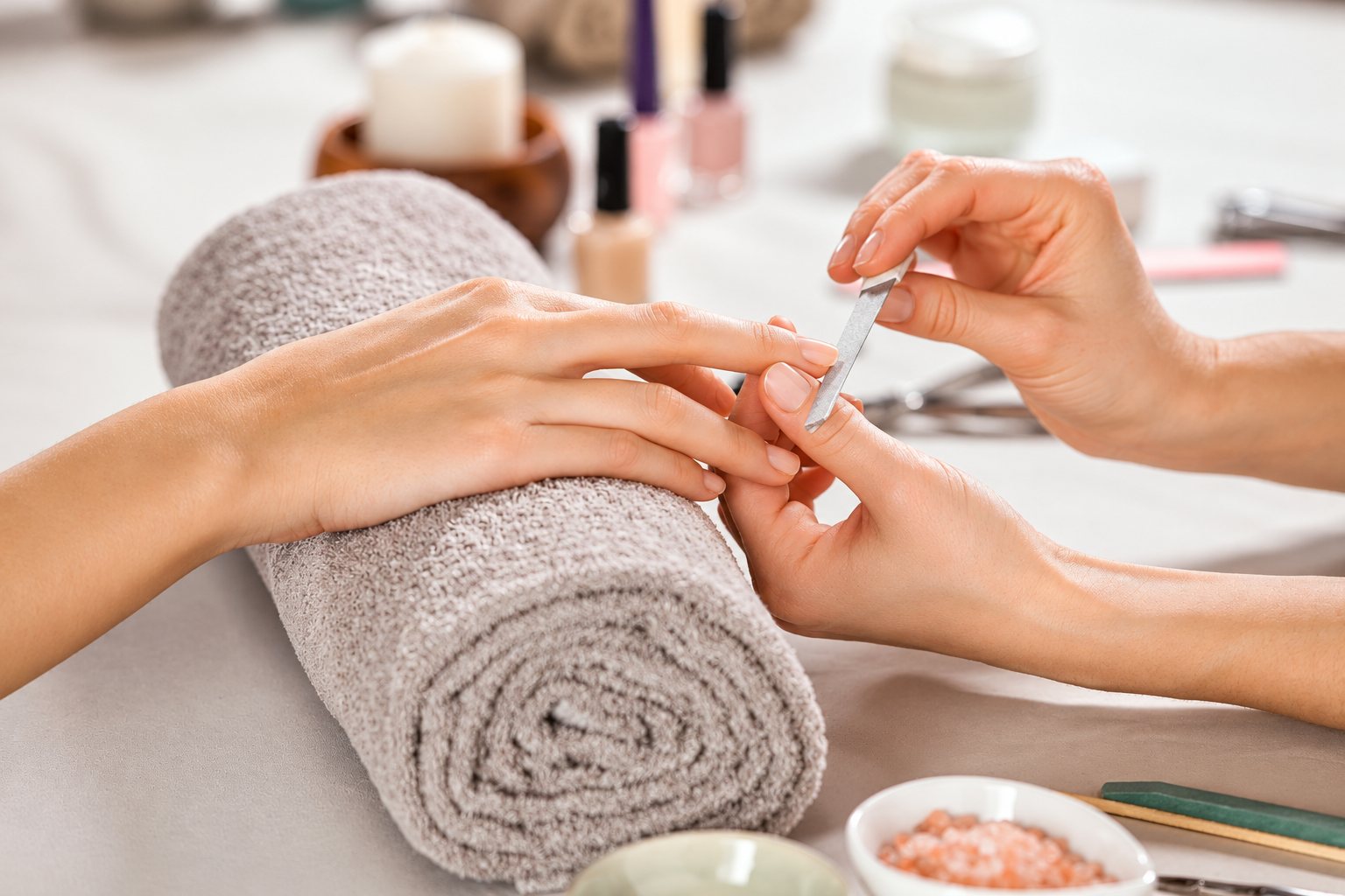 Une manucure limant les ongles d'une cliente dont la main repose sur une serviette grise roulée, avec des vernis flous à l'arrière-plan.