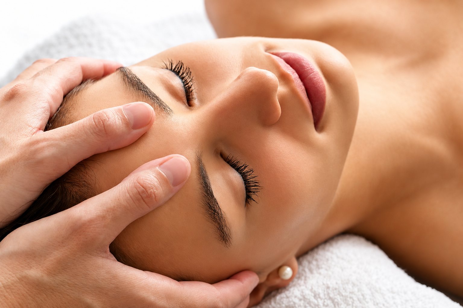 Gros plan sur le visage d'une femme allongée, les yeux fermés, dont les tempes et le front sont massés par deux mains.