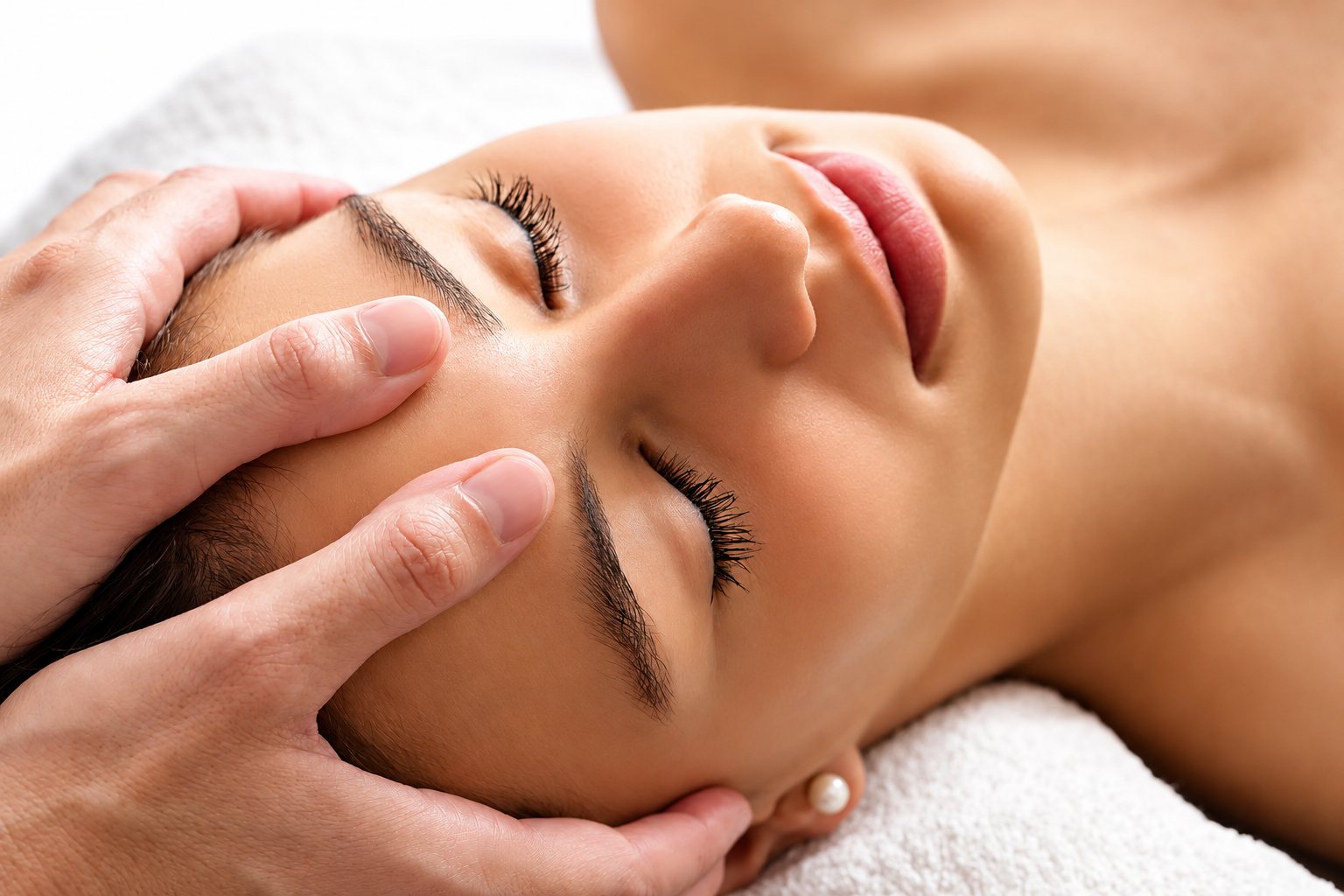 Une cliente détendue reçoit un soin du visage.