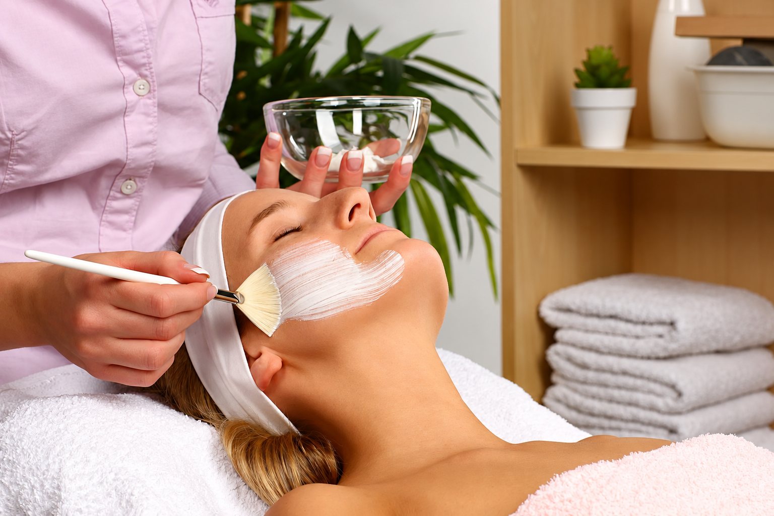 Une cliente reçoit un masque blanc appliqué au pinceau sur le visage.