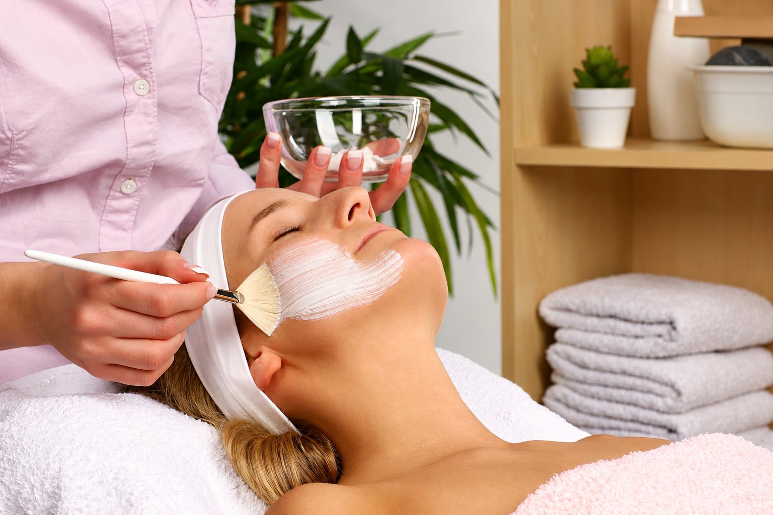 Une cliente allongée reçoit un masque appliqué au pinceau sur le visage.